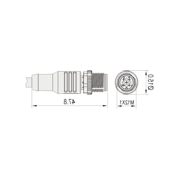 M12 4Pin、公头直型、耐高温120℃、单端预铸PUR柔性电缆、黑色护套、64H141-XXX